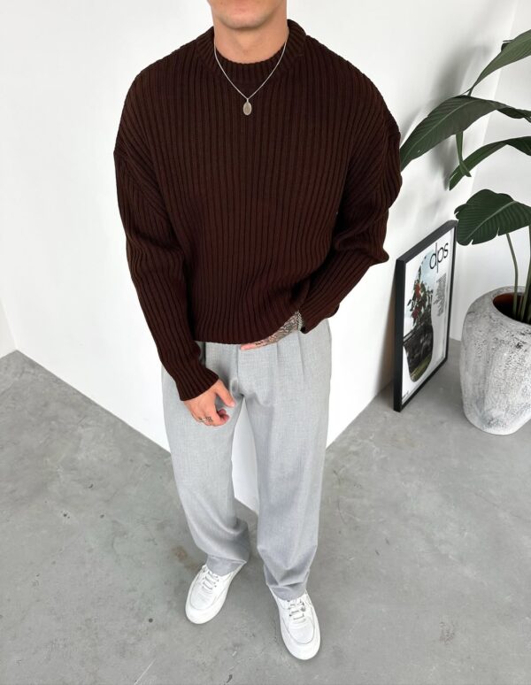 Brown Oversized Knit Sweater with Crew Neck